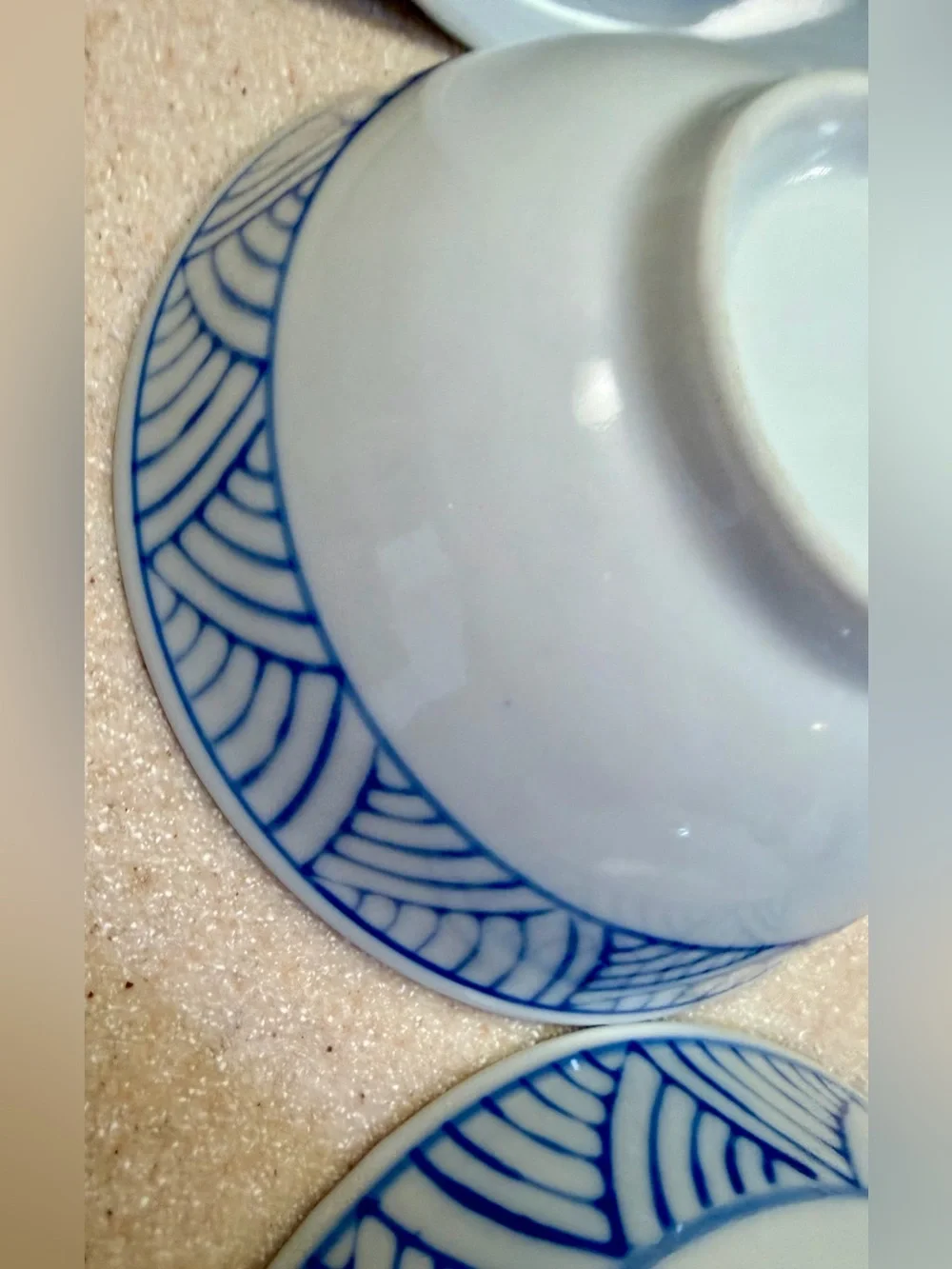 Blue Wave Geometric Pattern Porcelain Serving Rice Bowls - Set of 3 White w/Blue
